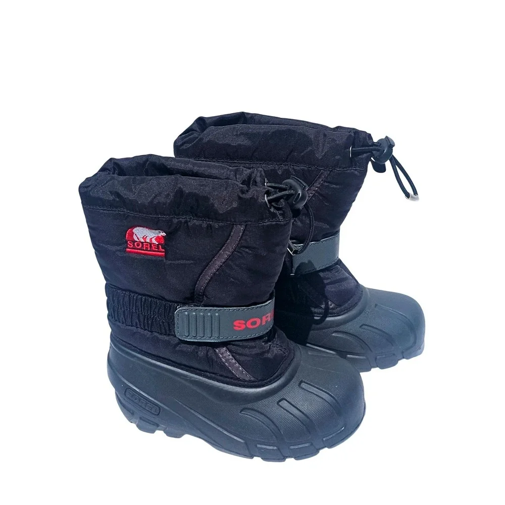 Sorel Flurry Black Red Kids Snow Boots Waterproof Insulated 10 Winter Outdoor